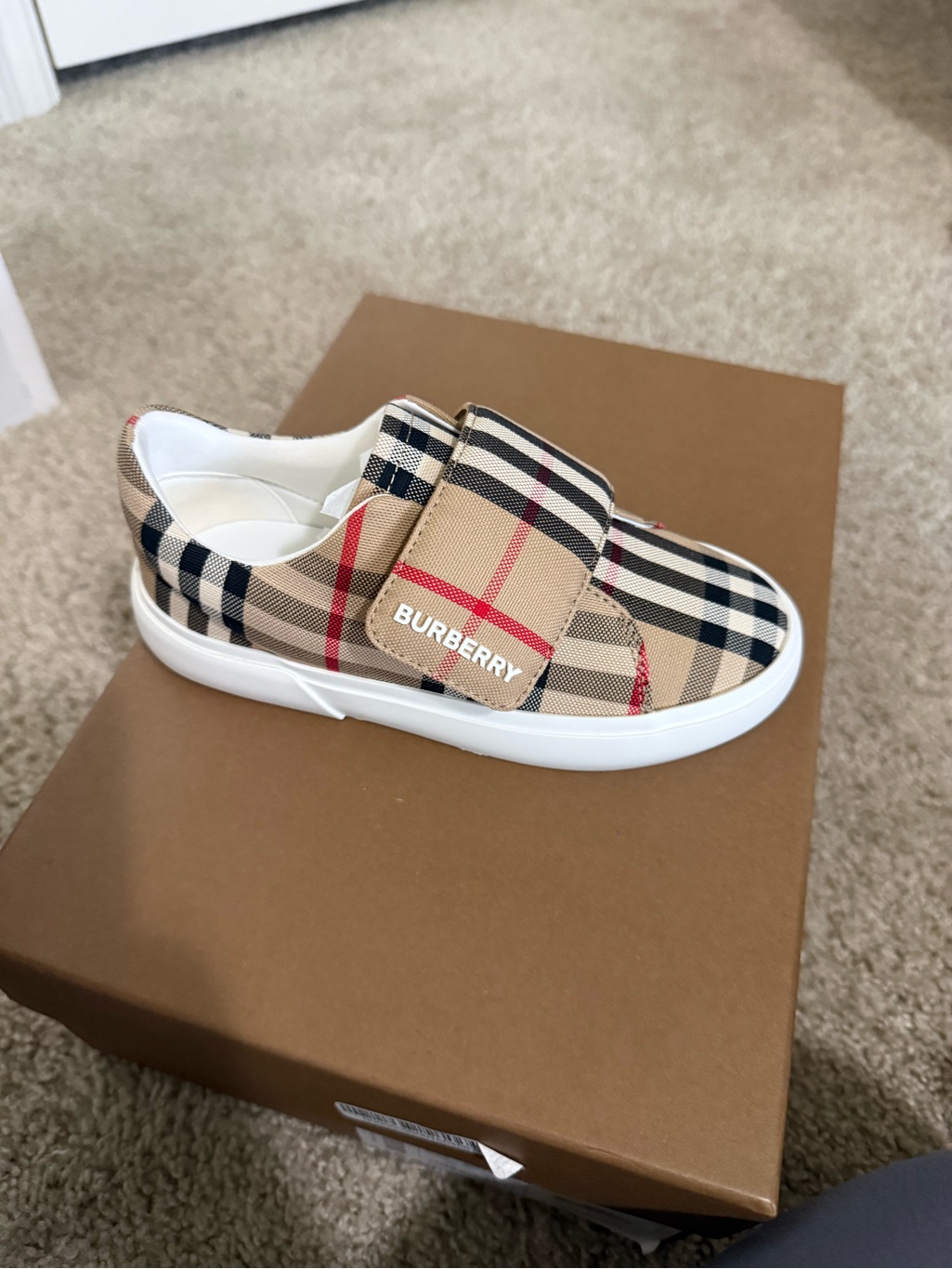 Burberry Kids Beige Vintage Check Slip-On Sneakers With Red & Black Accents